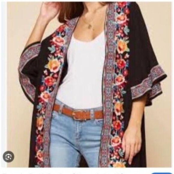Savanna Jane Black  Embroidered Open  Kimono Cardigan topper size small new - Picture 1 of 7